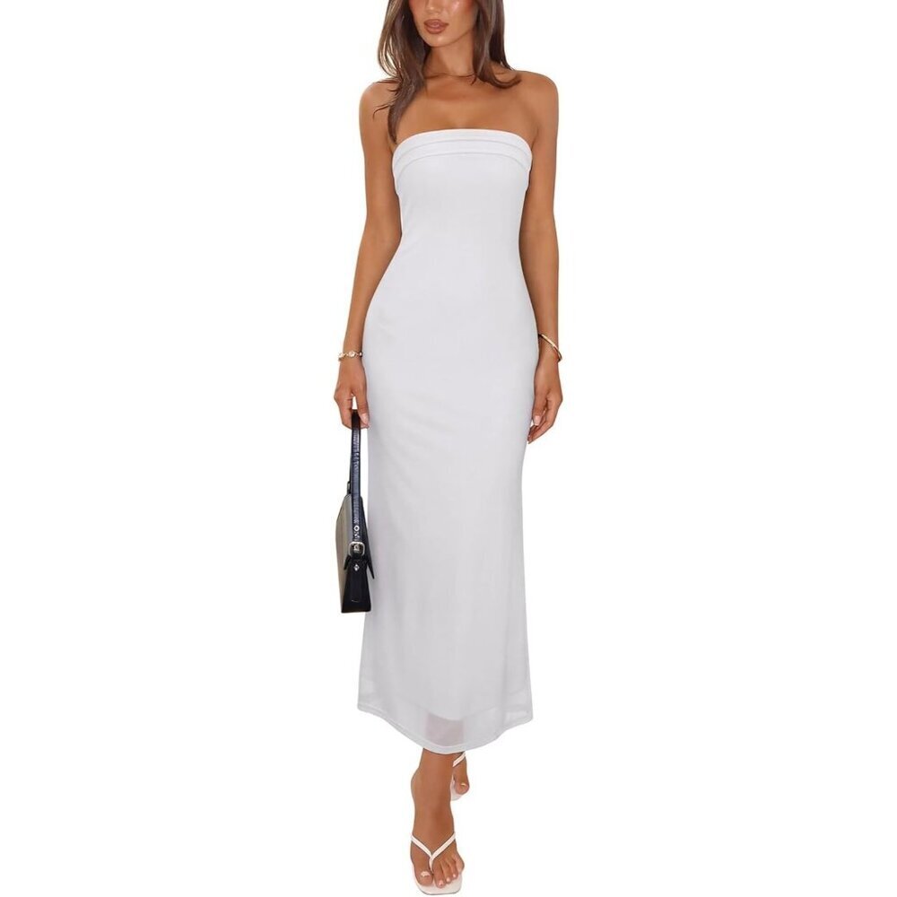 Women's White Summer Floral Mesh Strapless Backless Beach Cocktail Midi - Picture 1 of 5